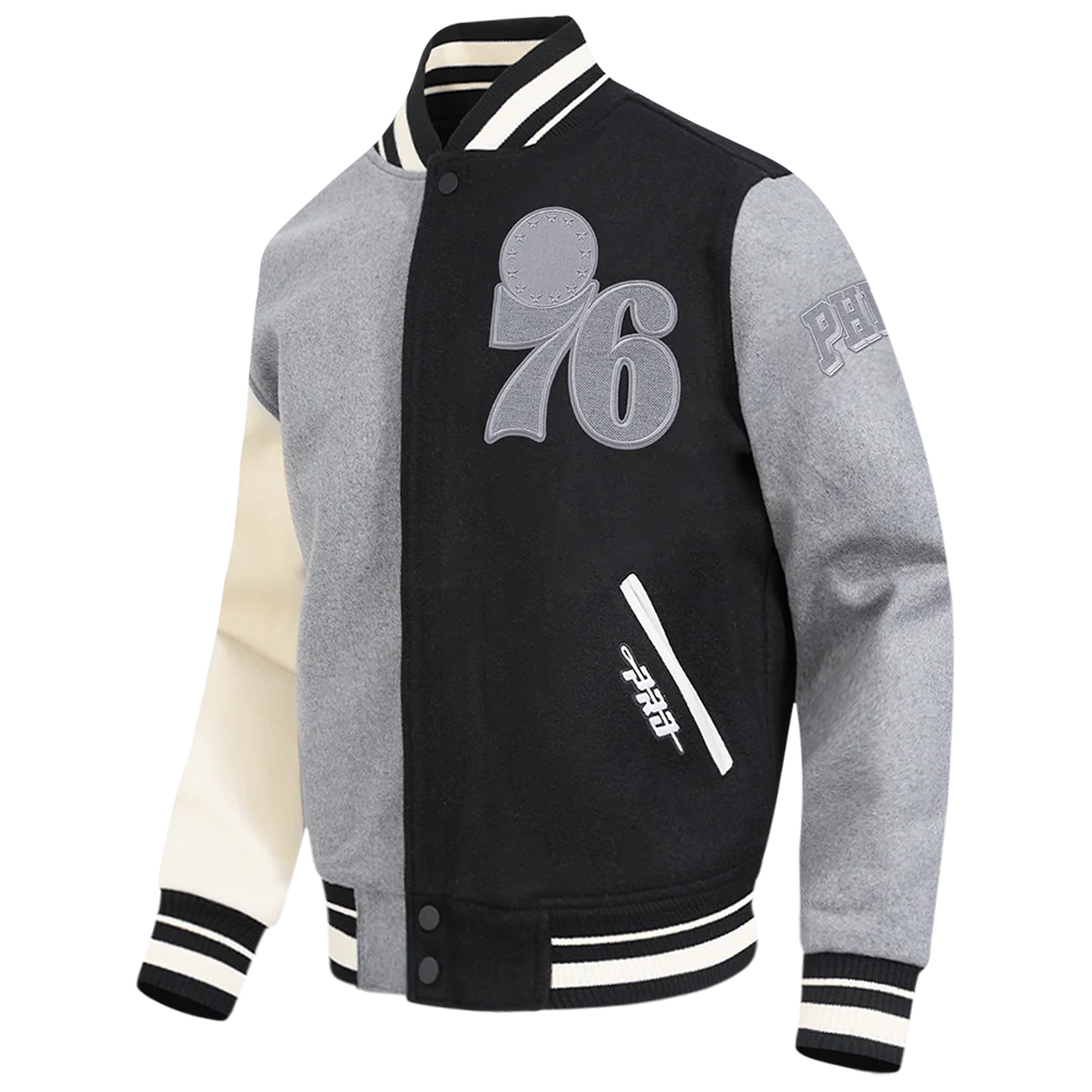 NBA PHILADELPHIA 76ERS REVERSE FRENCH TERRY MEN'S CB WOOL VARSITY JA (BLACK/GRAY/EGGSHELL) - Image 2