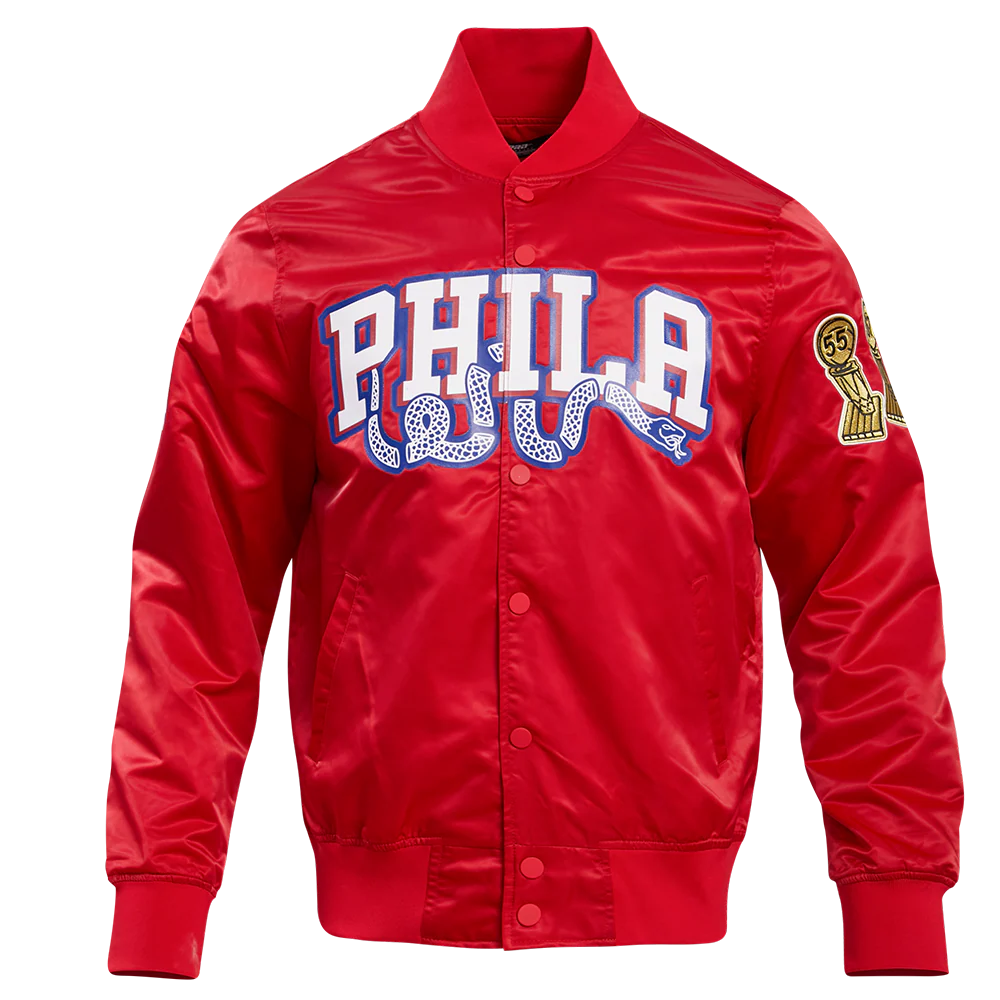NBA PHILADELPHIA 76ERS BIG LOGO MEN'S SATIN JACKET (RED)