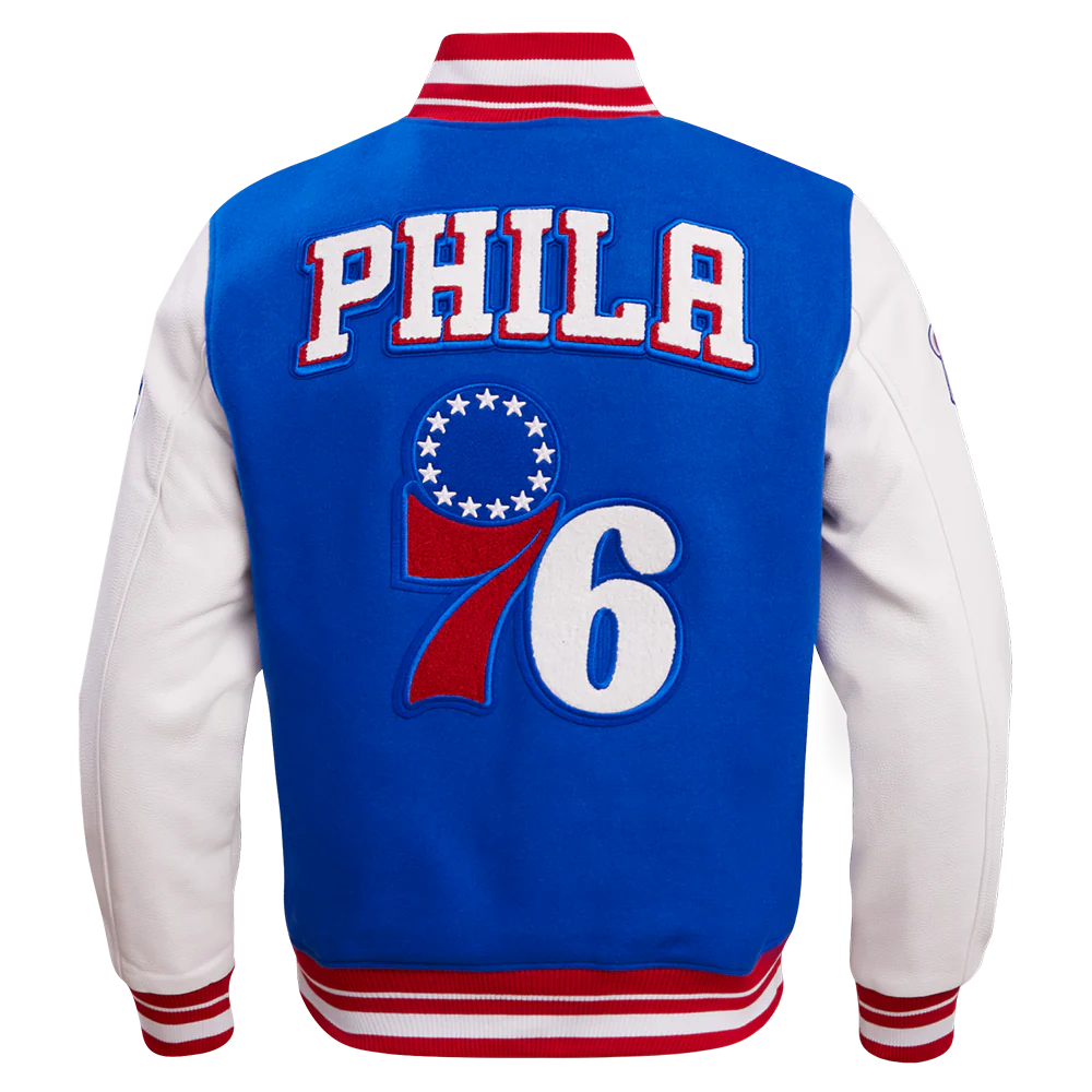 NBA PHILADELPHIA 76ERS RETRO CLASSIC MEN'S RIB WOOL VARSITY JACKET (ROYAL/RED) - Image 4