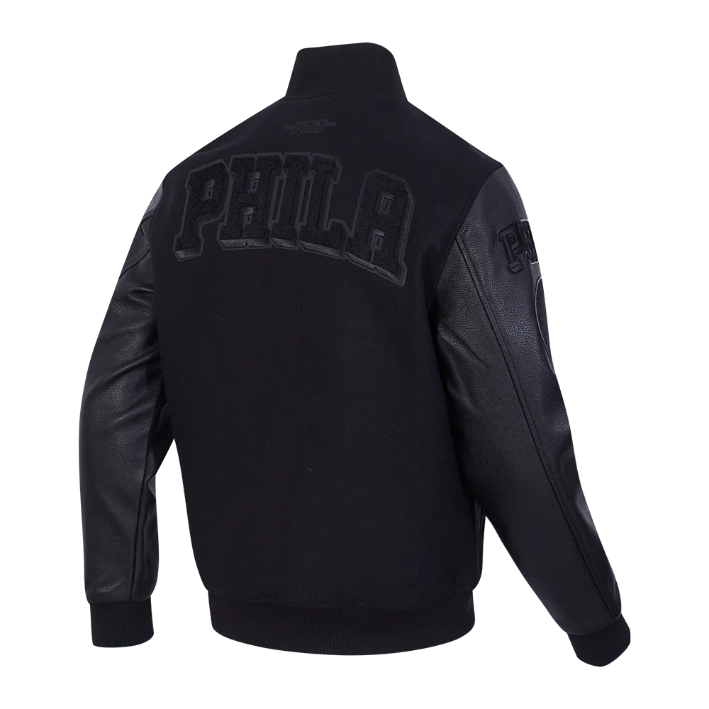 NBA PHILADELPHIA 76ERS CLASSIC MEN'S 3BK WOOL VARSITY JACKET (TRIPLE BLACK) - Image 4
