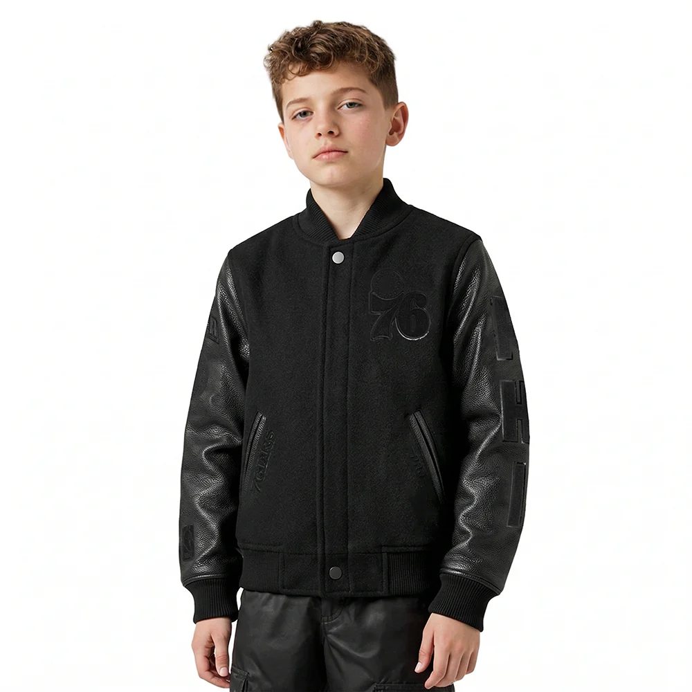 NBA PHILADELPHIA 76ERS TRIPLE BLACK BIG BOYS WOOL VARSITY JACKET (JET BLACK)