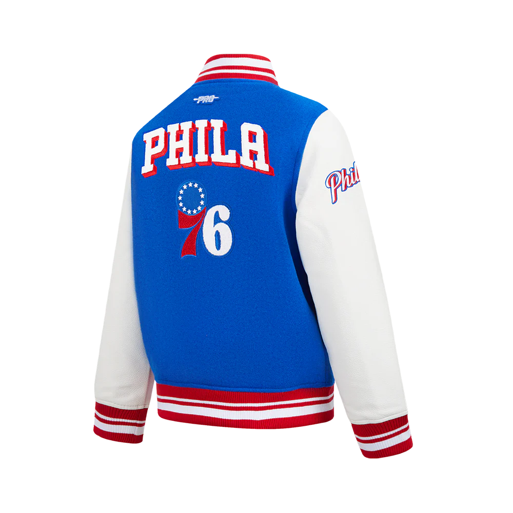 NBA PHILADELPHIA 76ERS RETRO CLASSIC BIG BOYS RIB WOOL VARSITY JACKET (ROYAL BLUE/RED) - Image 4