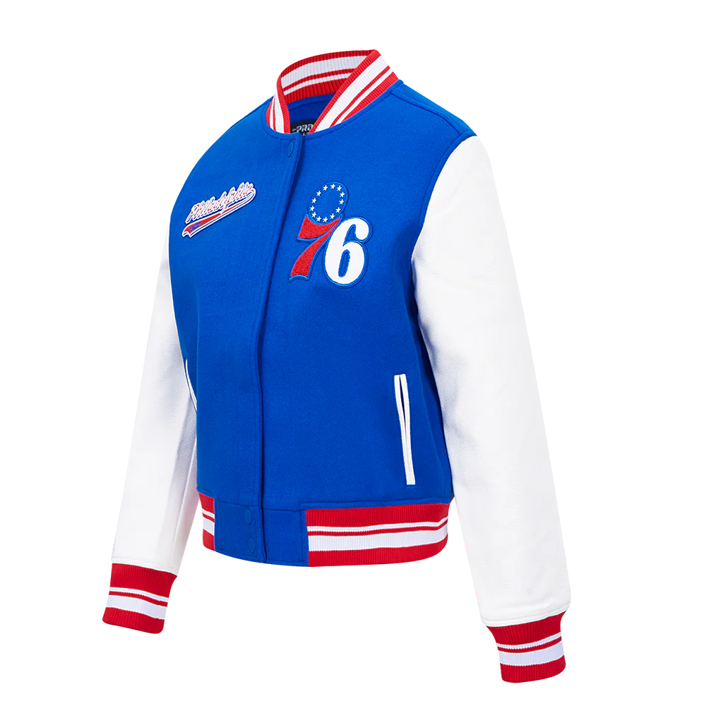 NBA PHILADELPHIA 76ers SCRIPT TAIL WOMEN'S WOOL VARSITY JACKET (ROYAL BLUE/RED) - Image 2