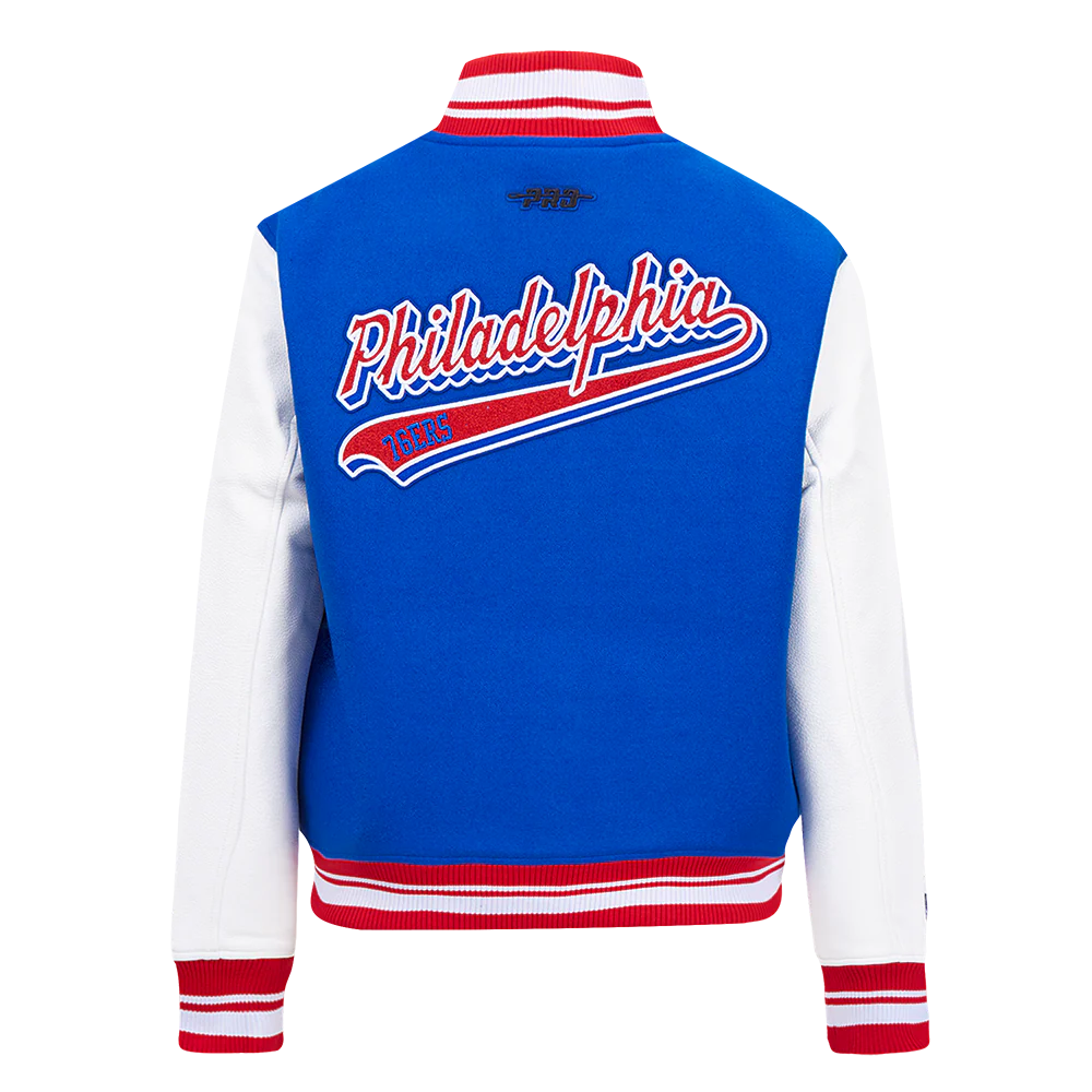 NBA PHILADELPHIA 76ers SCRIPT TAIL WOMEN'S WOOL VARSITY JACKET (ROYAL BLUE/RED) - Image 4