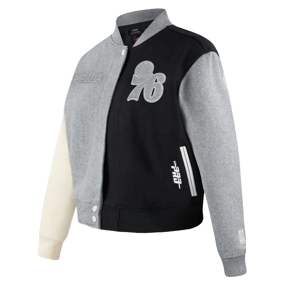 NBA PHILADELPHIA 76ERS REVERSE FRENCH TERRY WOMEN'S WOOL VARSITY JACKE (BLACK/GRAY/EGGSHELL) - Image 2