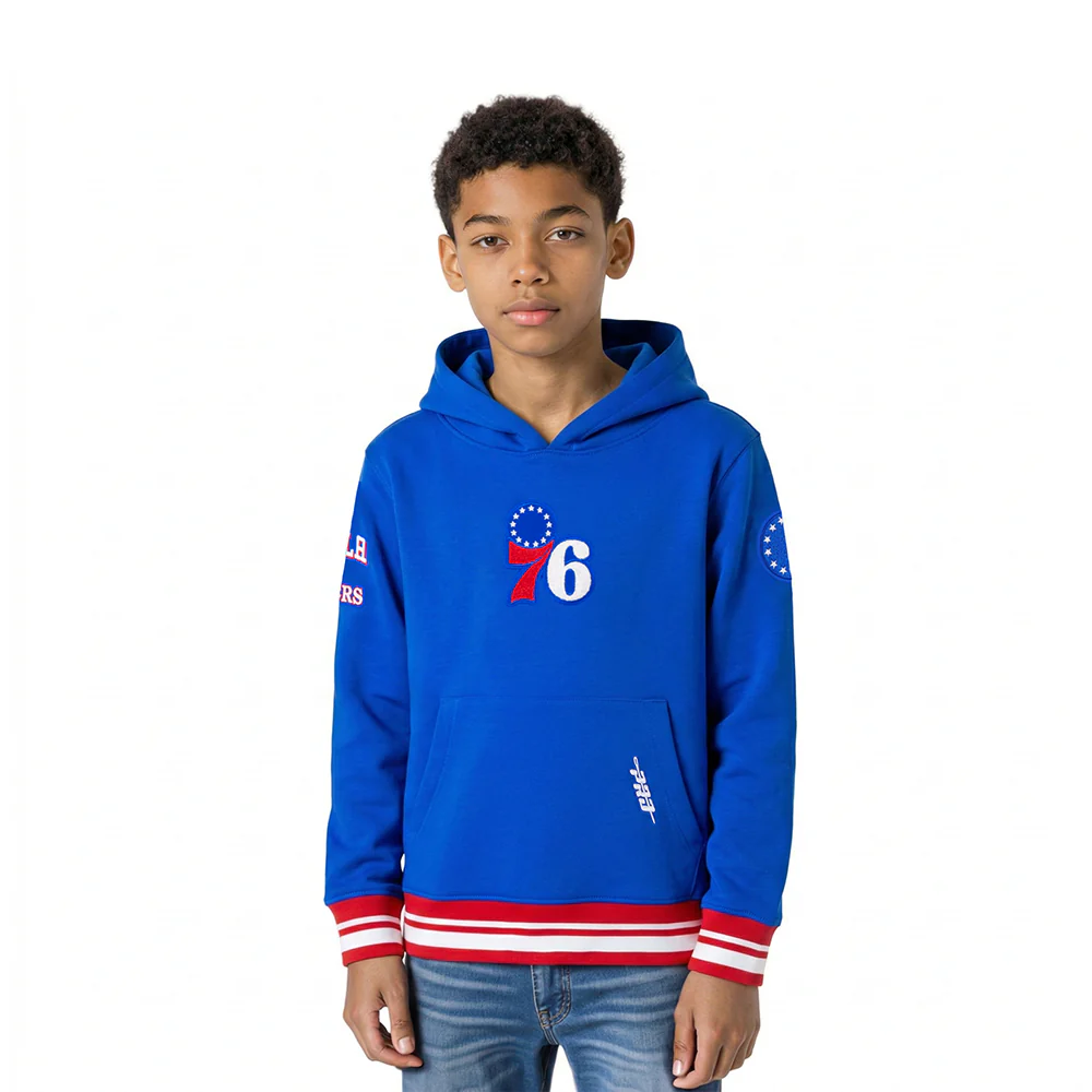 NBA PHILADELPHIA 76ERS RETRO CLASSIC LITTLE BOYS RIB FLEECE PULLOVER HOODIE (ROYAL BLUE/RED)