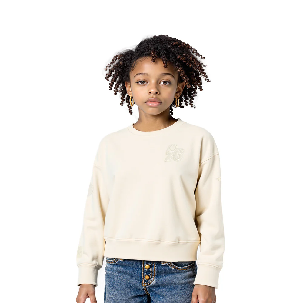 NBA PHILADELPHIA 76ERS NEUTRAL LITTLE GIRLS FLEECE CREWNECK (EGGSHELL)