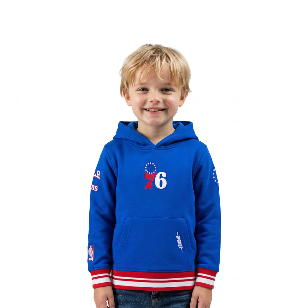 NBA PHILADELPHIA 76ERS RETRO CLASSIC TODDLER BOYS RIB FLEECE PULLOVER HOODIE (ROYAL BLUE/RED)