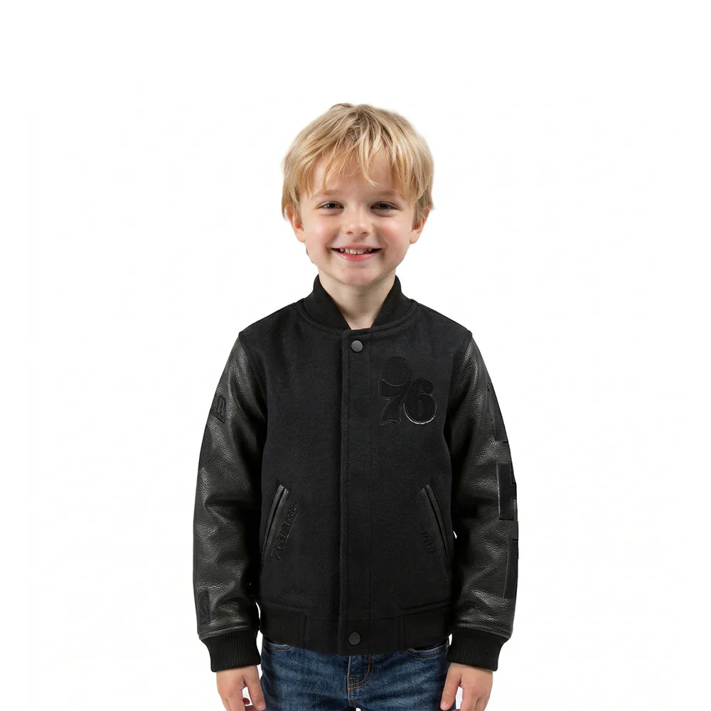 NBA PHILADELPHIA 76ERS TRIPLE BLACK TODDLER BOYS WOOL VARSITY JACKET (JET BLACK)