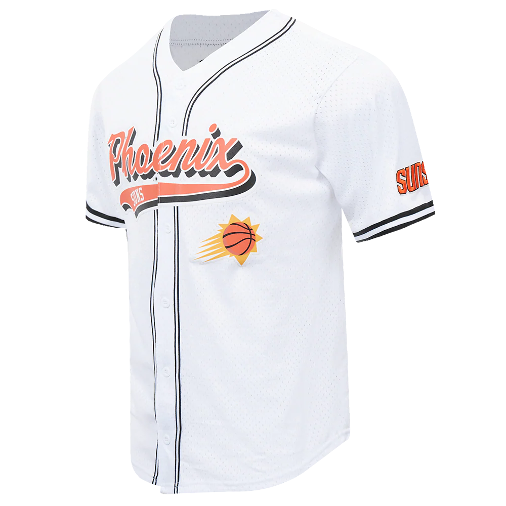 NBA PHOENIX SUNS SCRIPT TAIL MEN'S MESH BUTTON DOWN SHIRT (WHITE/BLACK/WHITE) - Image 2