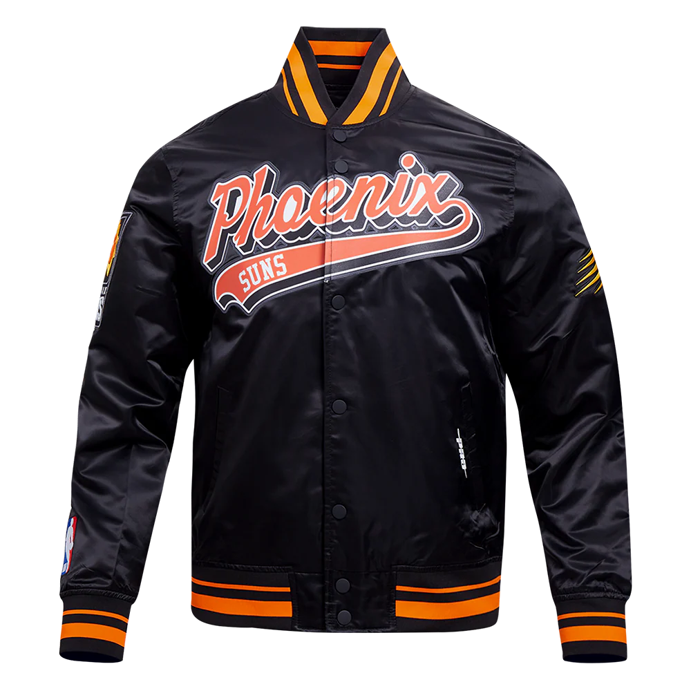 NBA PHOENIX SUNS SCRIPT TAIL MEN'S SATIN JACKET (BLACK/ORANGE)