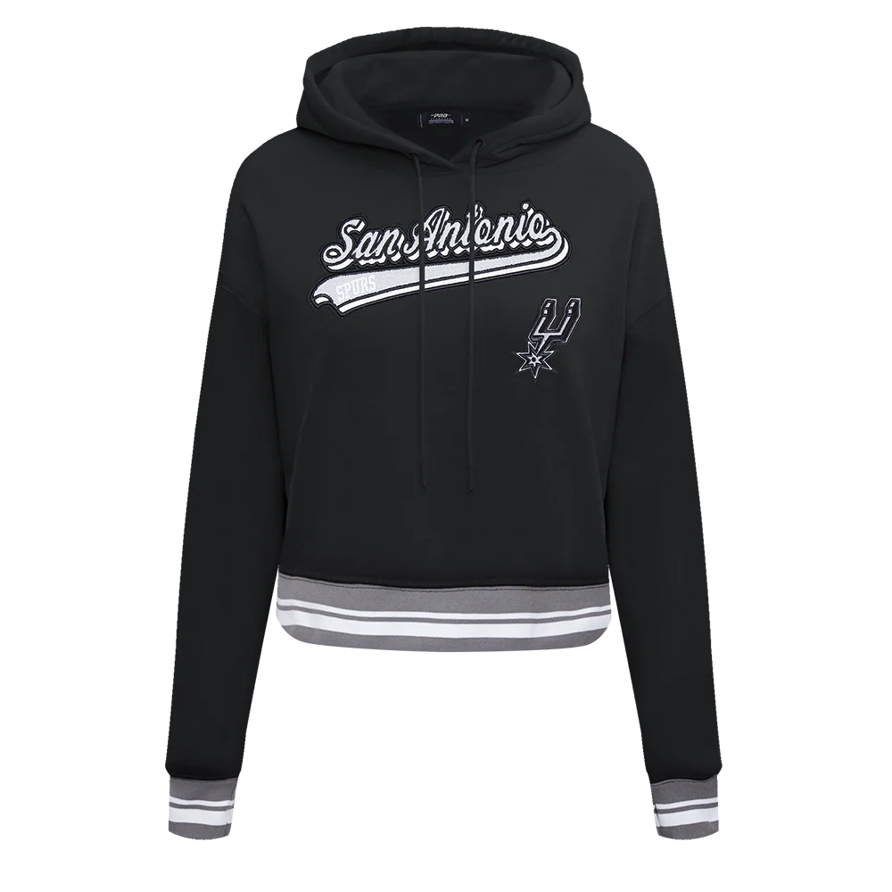 NBA SAN ANTONIO SPURS SCRIPT TAIL WOMEN'S RIB FLEECE CROPPED PULLOVER HOODIE (BLACK/GRAY)