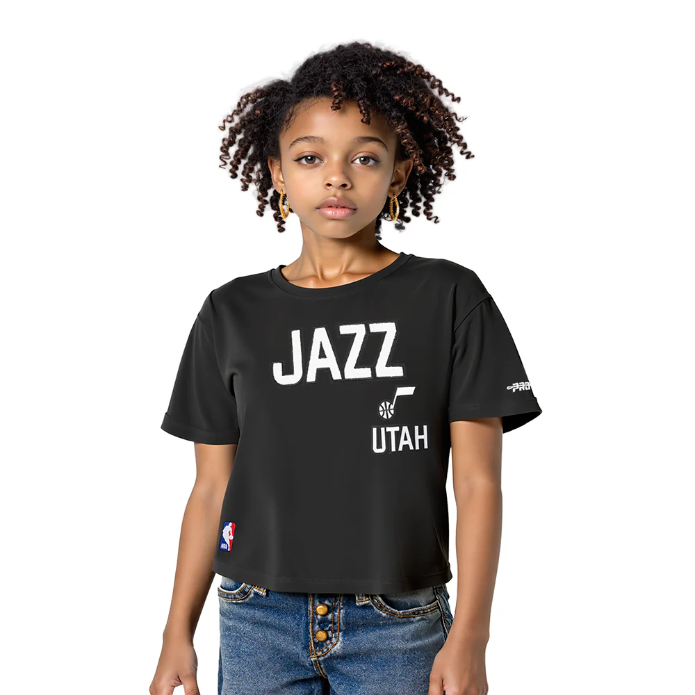 NBA UTAH JAZZ RETRO CLASSIC LITTLE GIRLS SHORT SLEEVE BOXY TEE (BLACK)