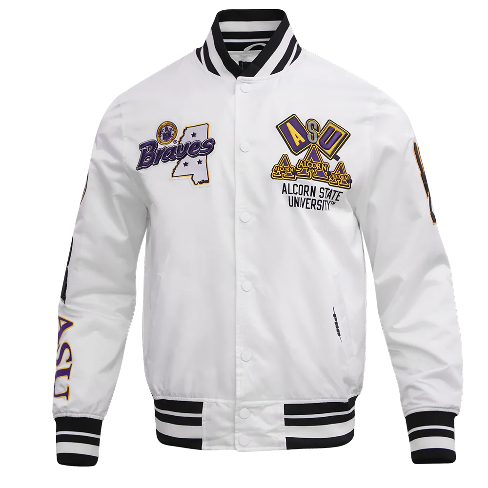 ALCORN STATE UNIVERSITY HOMECOMING RIB MEN'S SATIN JACKET (WHITE/BLACK)
