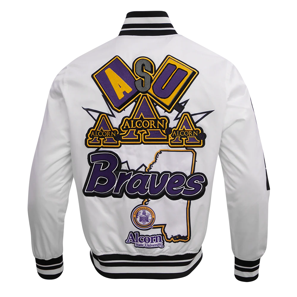 ALCORN STATE UNIVERSITY HOMECOMING RIB MEN'S SATIN JACKET (WHITE/BLACK) - Image 4