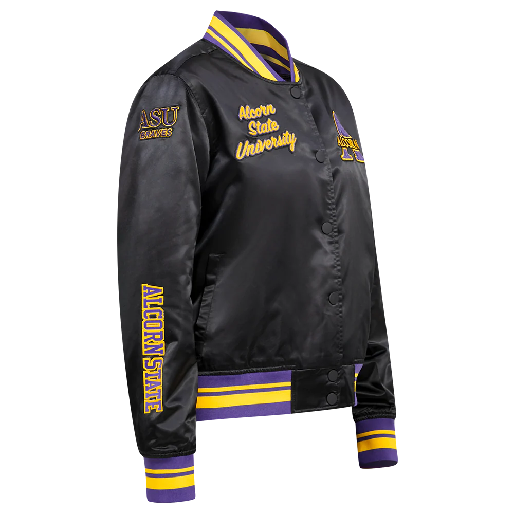 COLLEGE ALCORN STATE UNIVERSITY CLASSIC WOMEN'S RIB SATIN JACKET (BLACK/PURPLE) - Image 4