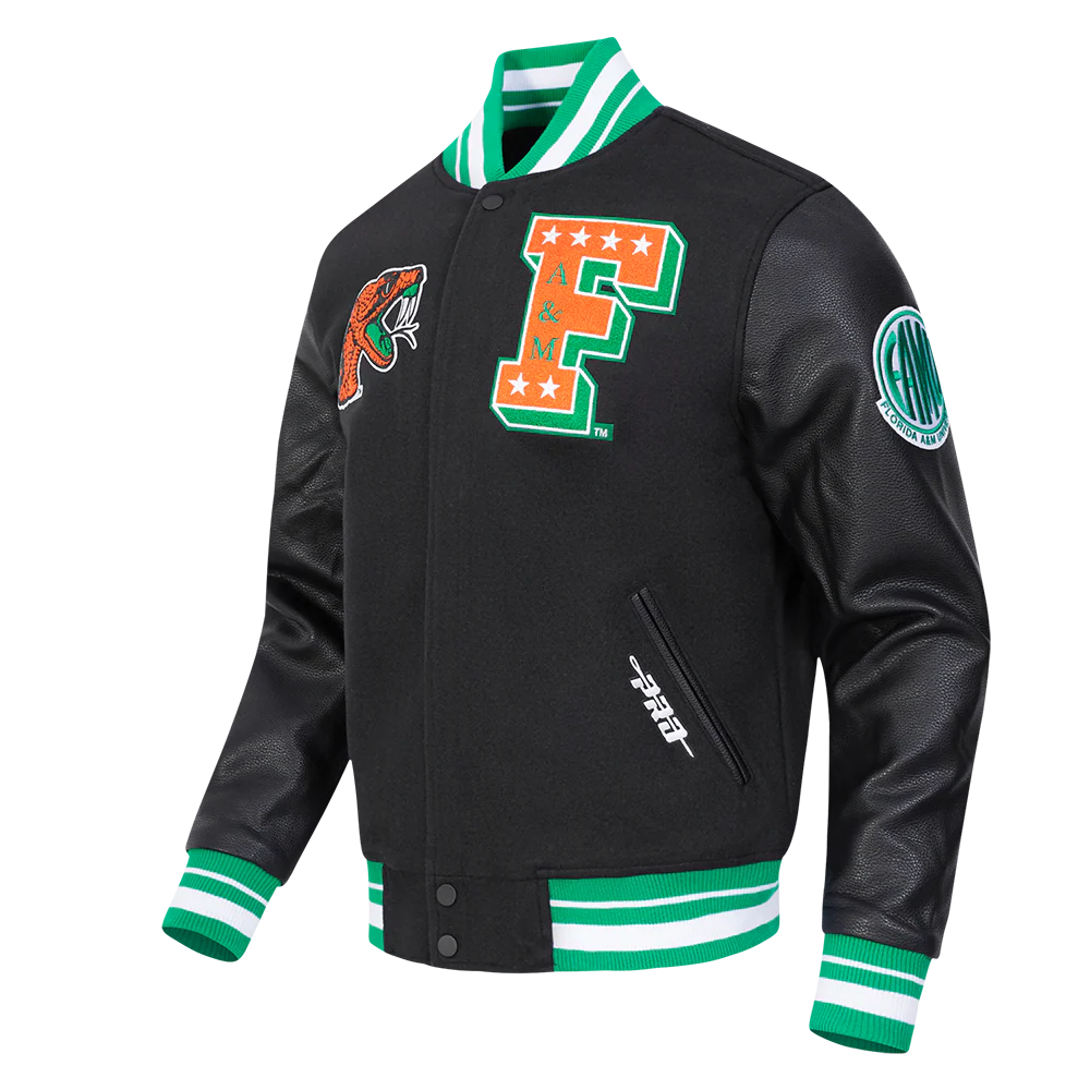 FLORIDA A&M UNIVERSITY CLASSIC RIB WOOL VARSITY JACKET (BLACK/GREEN) - Image 2