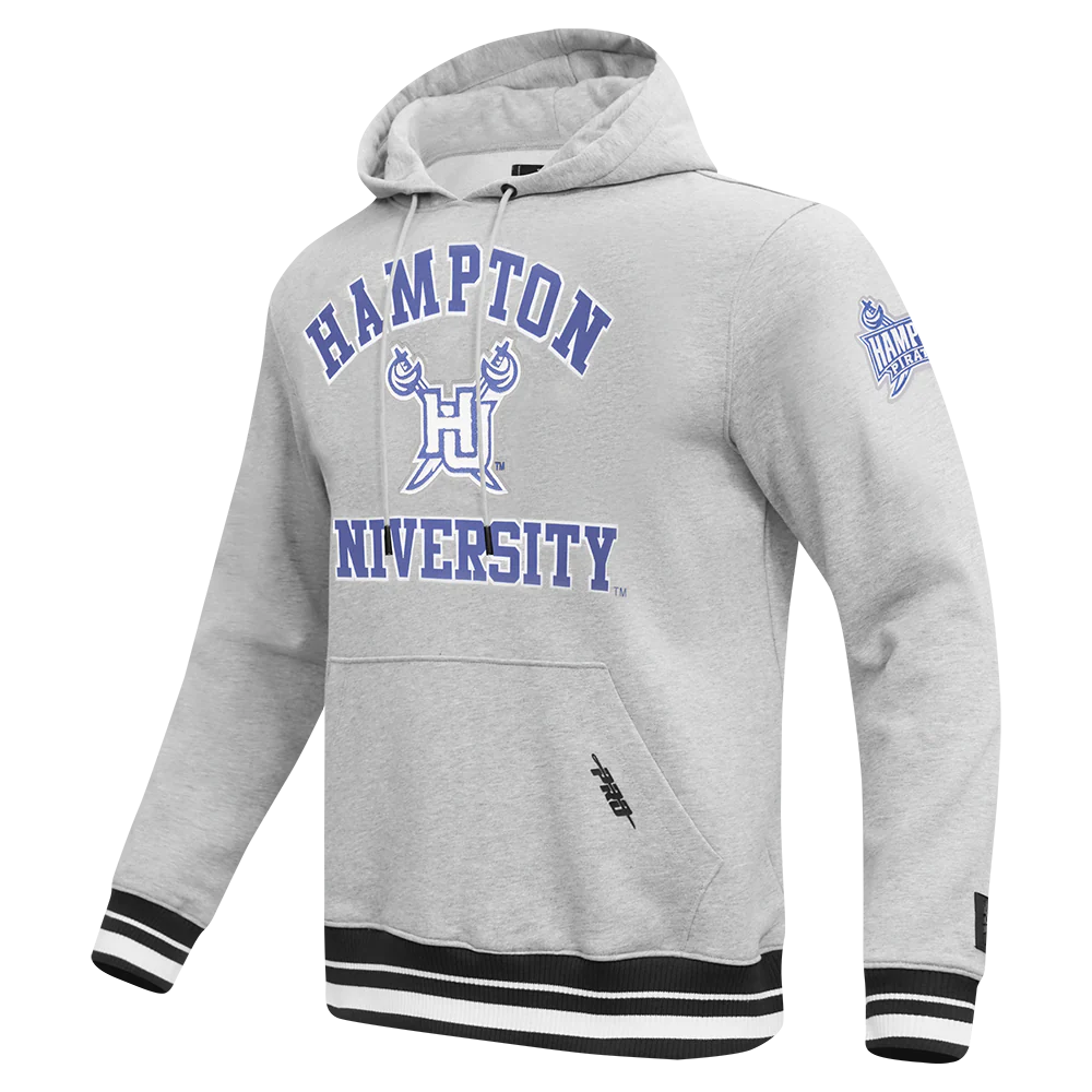 HAMPTON UNIVERSITY CLASSIC MEN'S STACKED LOGO FLEECE PULLOVER HOODIE (HEATHER GRAY/BLACK) - Image 2