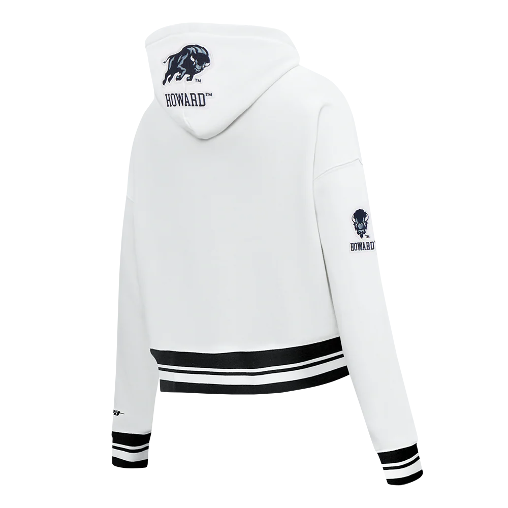 HOWARD UNIVERSITY CLASSIC RIB FLEECE CROPPED PULLOVER HOODIE (WHITE/BLACK) - Image 4