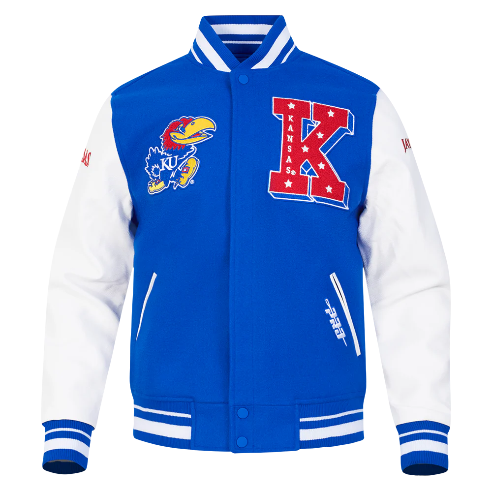 UNIVERSITY OF KANSAS CLASSIC MEN'S RIB WOOL VARSITY JACKET (ROYAL BLUE/WHITE)