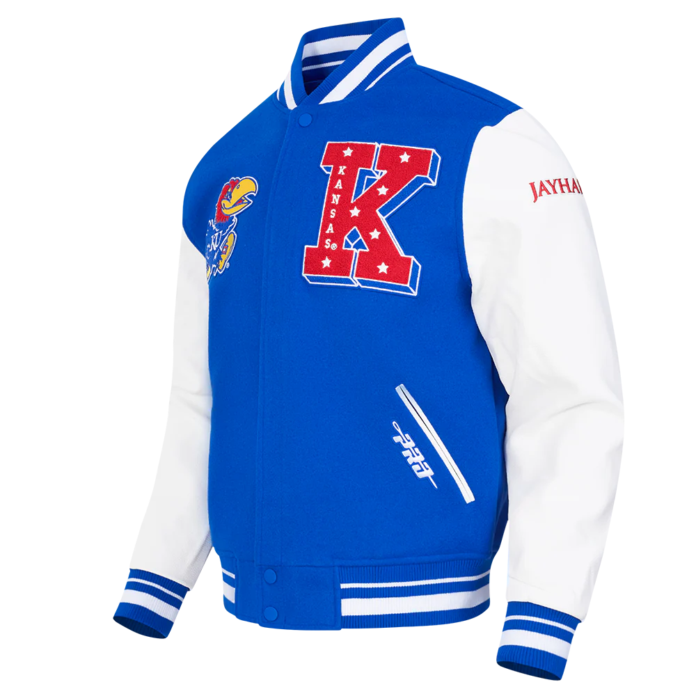 UNIVERSITY OF KANSAS CLASSIC MEN'S RIB WOOL VARSITY JACKET (ROYAL BLUE/WHITE) - Image 2