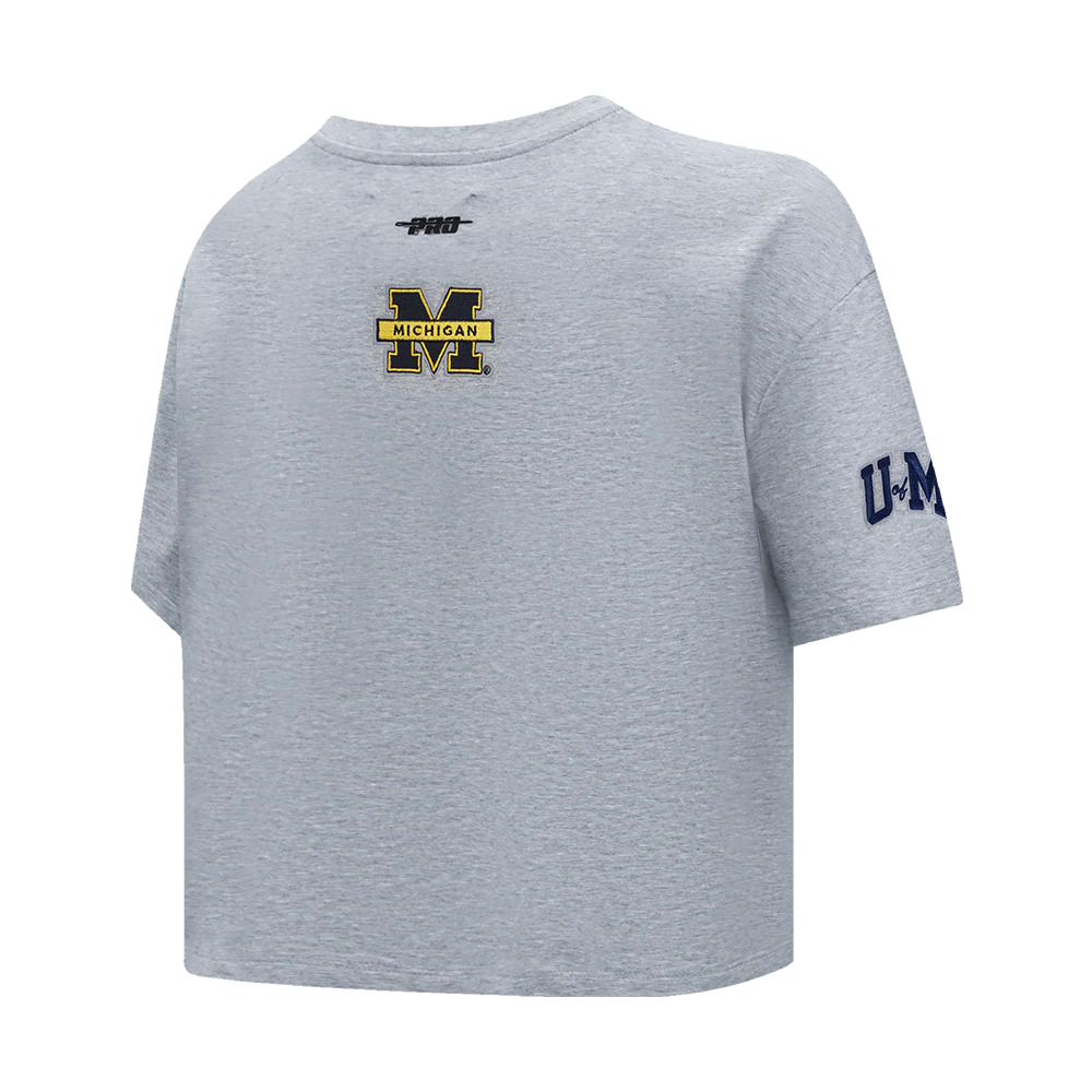 UNIVERSITY OF MICHIGAN CLASSIC WOMEN'S SINGLE JERSEY BOXY TEE (HEATHER GREY) - Image 4
