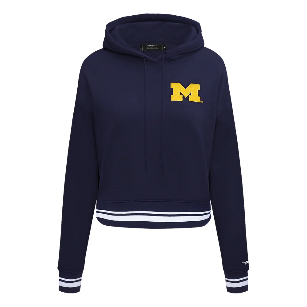 UNIVERSITY OF MICHIGAN CLASSIC RIB FLEECE CROPPED PULLOVER HOODIE (MIDNIGHT NAVY)