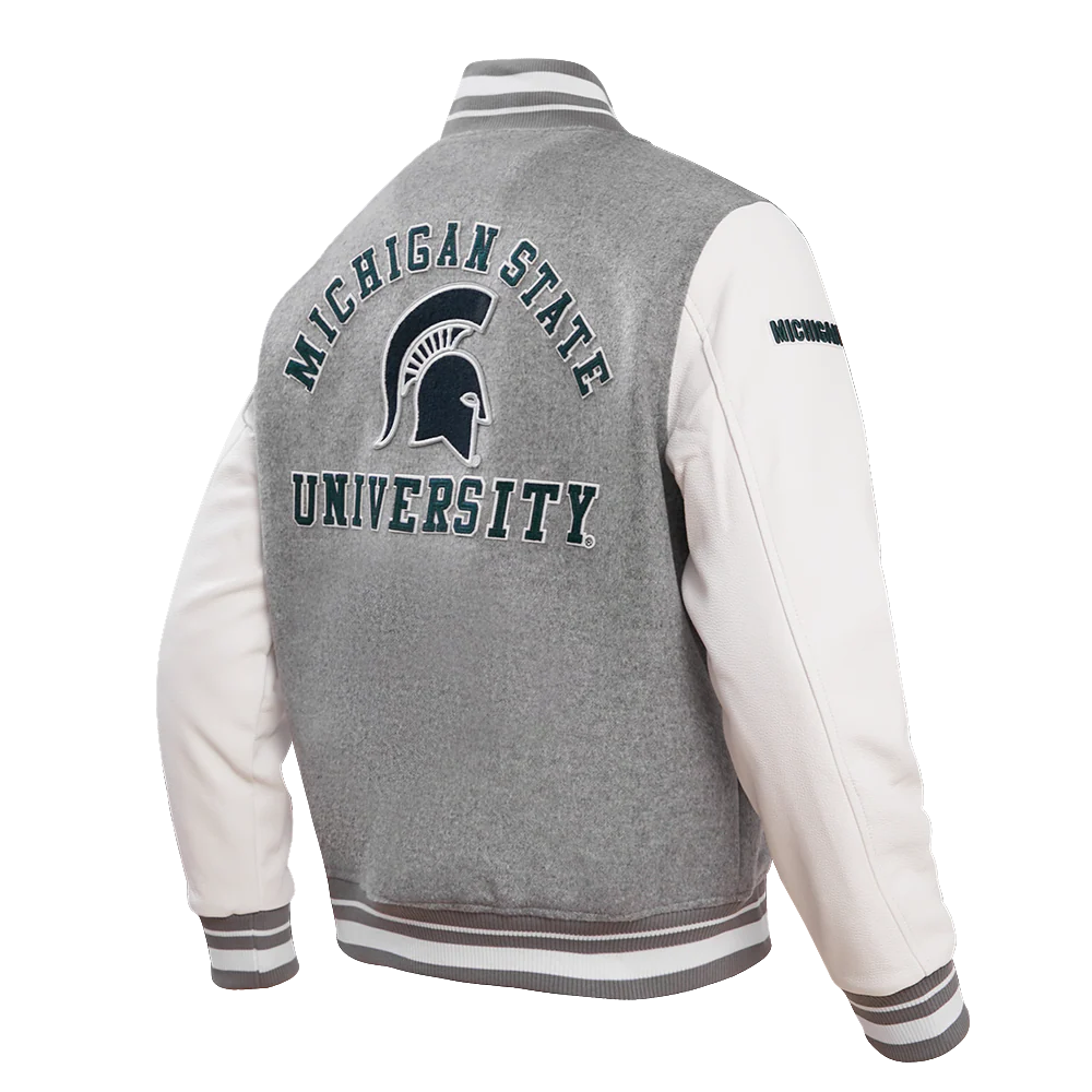 MICHIGAN STATE UNIVERSITY CLASSIC RIB WOOL MEN'S VARSITY JACKET (HEATHER GREY/WHITE) - Image 3
