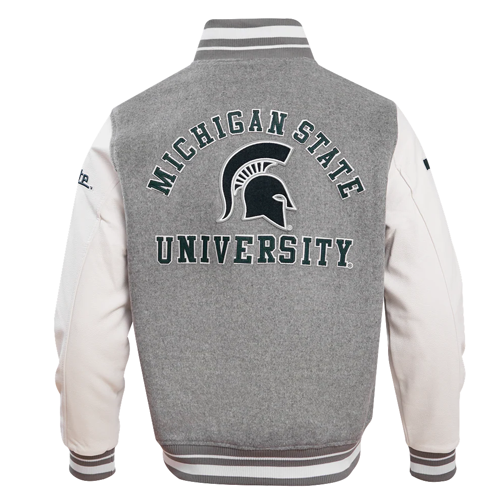 MICHIGAN STATE UNIVERSITY CLASSIC RIB WOOL MEN'S VARSITY JACKET (HEATHER GREY/WHITE) - Image 4