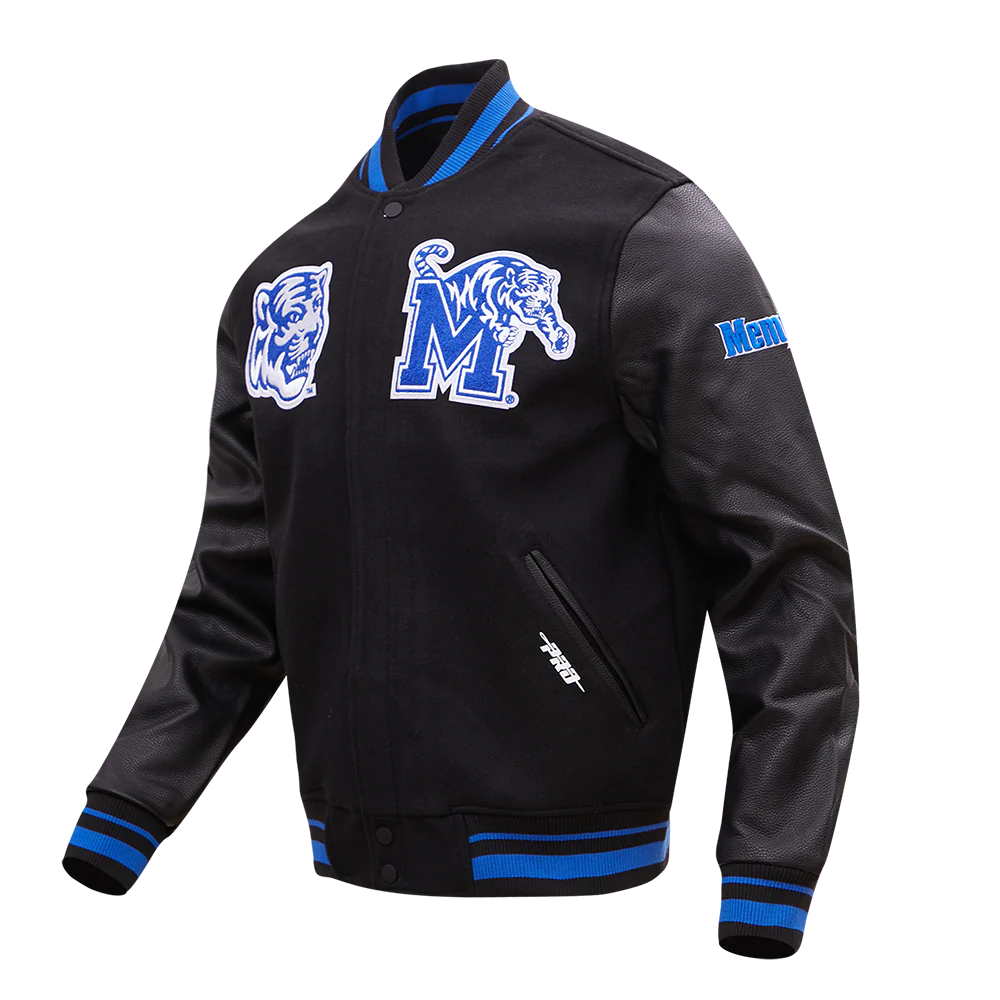 UNIVERSITY OF MEMPHIS CLASSIC MEN'S RIB WOOL VARSITY JACKET (BLACK/ROYAL BLUE/BLACK) - Image 2