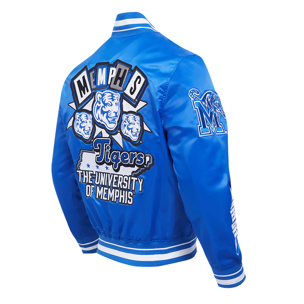 UNIVERSITY OF MEMPHIS HOMECOMING MEN'S RIB SATIN JACKET (ROYAL BLUE) - Image 4