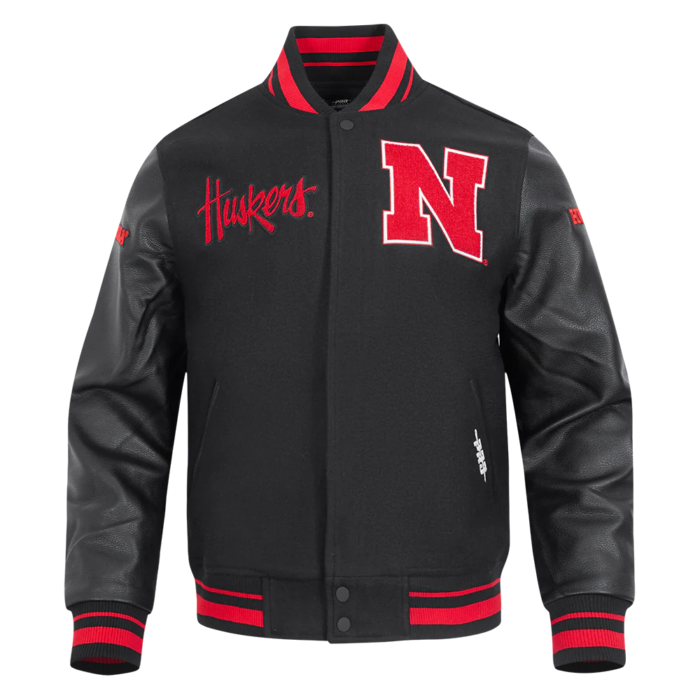 UNIVERSITY OF NEBRASKA CLASSIC RIB WOOL VARSITY JACKET (BLACK/RED/BLACK)
