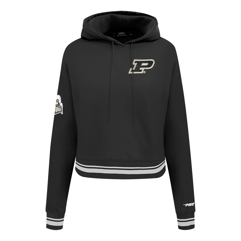 PURDUE UNIVERSITY CLASSIC WOMEN'S RIB FLEECE CROPPED PULLOVER HOODIE (BLACK)
