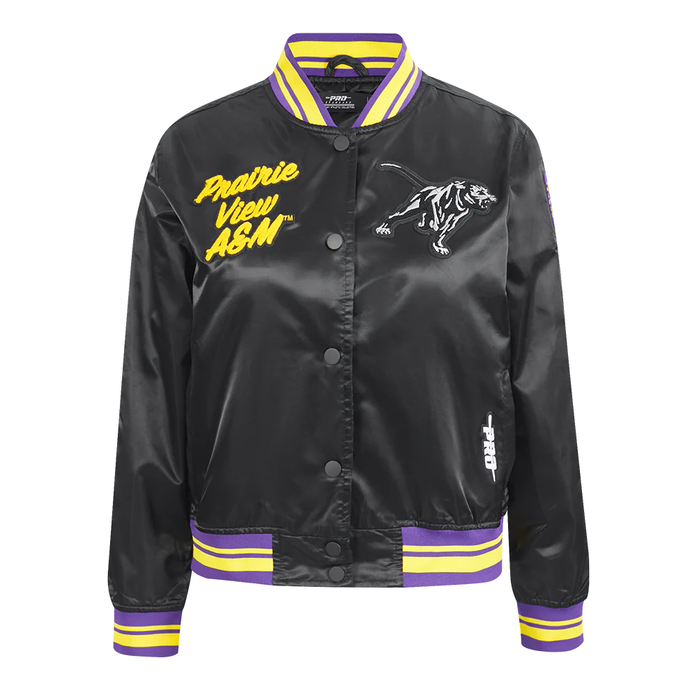 COLLEGE PRAIRIE VIEW A&M UNIVERSITY CLASSIC WOMEN'S RIB SATIN JACKET (BLACK/PURPLE)