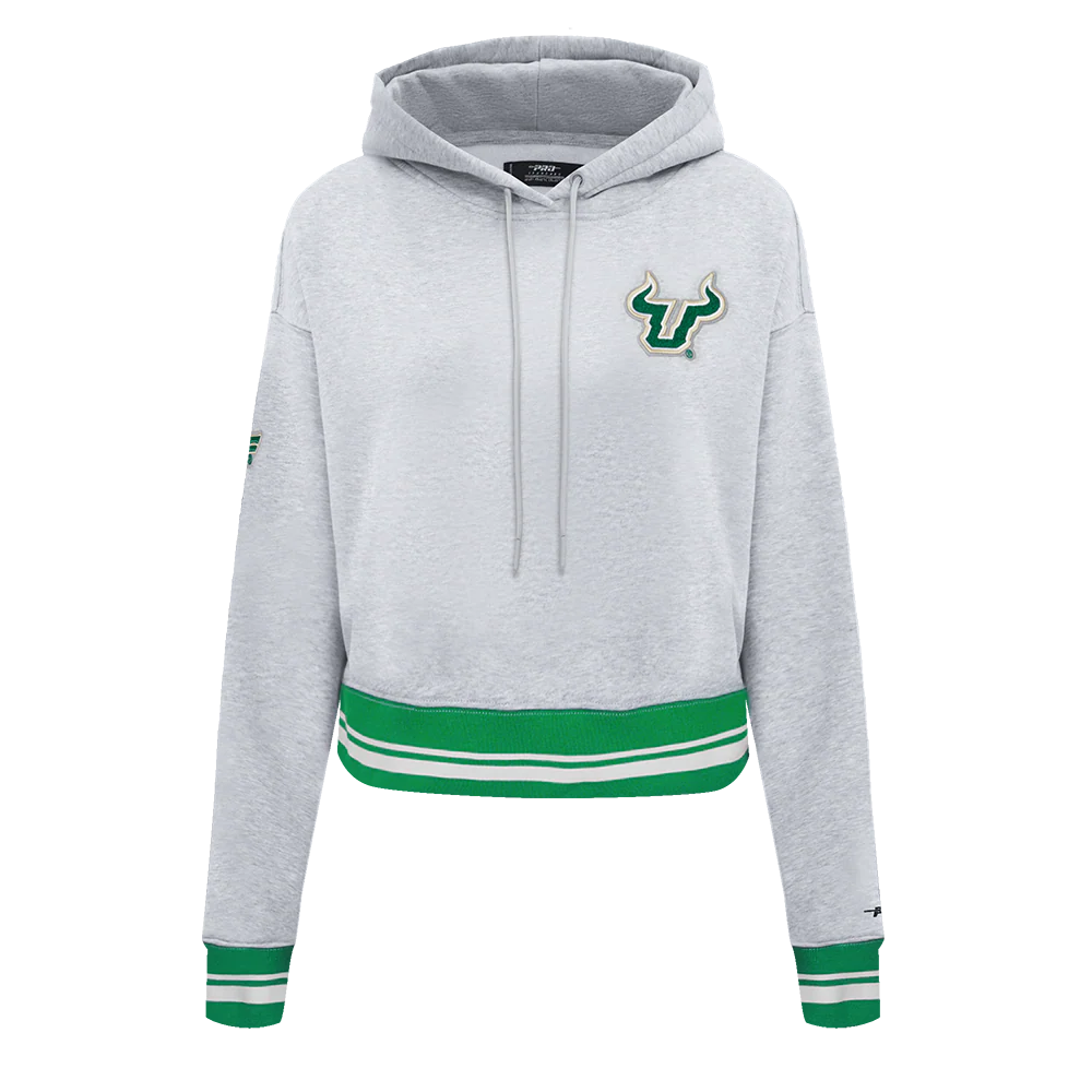 UNIVERSITY OF SOUTH FLORIDA CLASSIC RIB FLEECE CROPPED PULLOVER HOODIE (HEATHER GREY/GREEN)