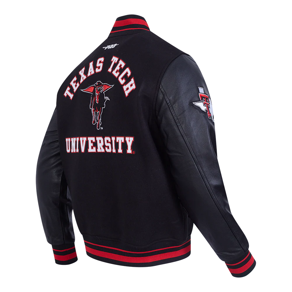 TEXAS TECH UNIVERSITY CLASSIC MEN'S RIB WOOL VARSITY JACKET (BLACK/RED/BLACK) - Image 4