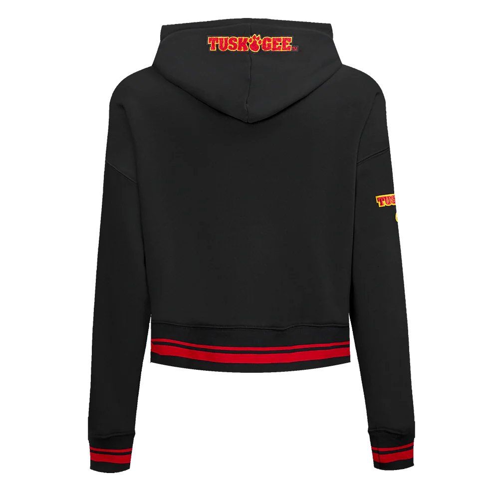 TUSKEGEE UNIVERSITY CLASSIC WOMEN'S RIB FLEECE CROPPED PULLOVER HOODIE (BLACK/RED/BLACK) - Image 3
