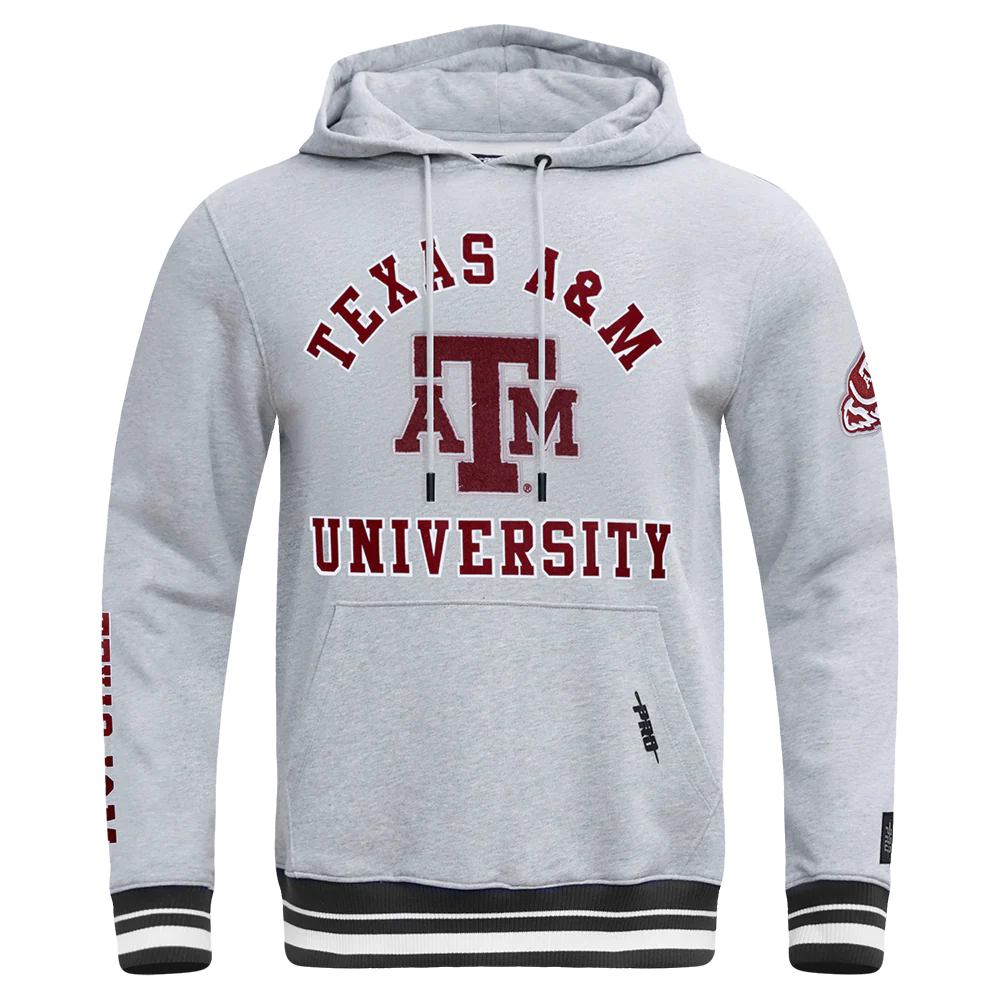 TEXAS A&M UNIVERSITY CLASSIC MEN'S STACKED LOGO PULLOVER HOODIE (HEATHER GRAY/BLACK)