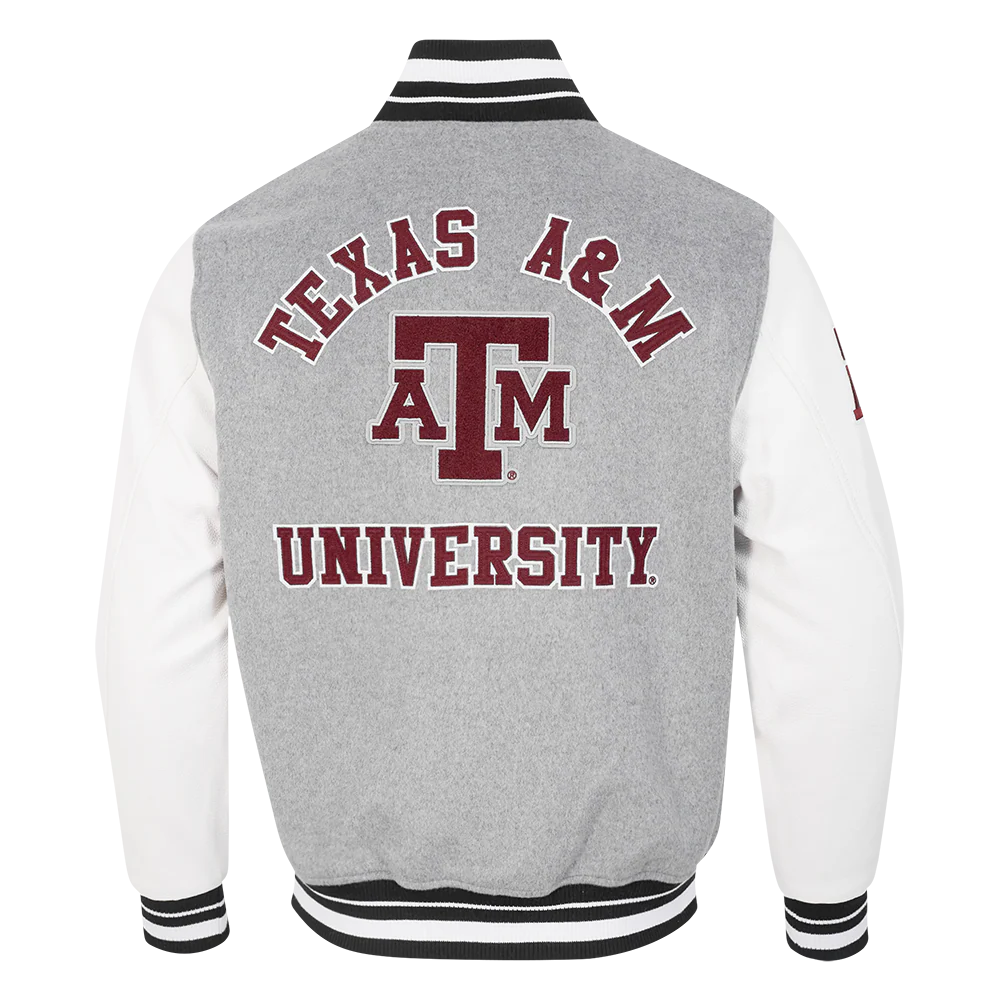 TEXAS A&M UNIVERSITY CLASSIC MEN'S RIB WOOL VARSITY JACKET (HEATHER GREY/WHITE/BLACK) - Image 3