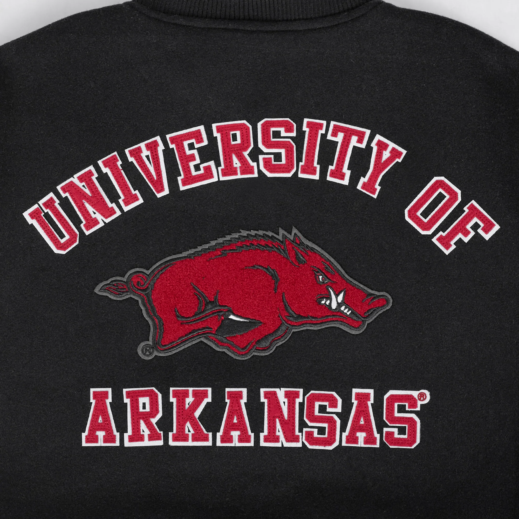 UNIVERSITY OF ARKANSAS CLASSIC MEN'S RIB WOOL VARSITY JACKET (BLACK/WHITE) - Image 9