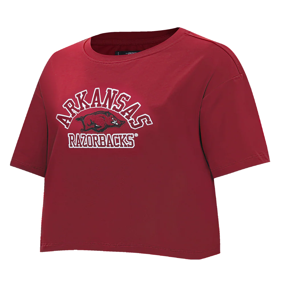 UNIVERSITY OF ARKANSAS FAYETTEVILLE CLASSIC WOMEN'S SINGLE JERSEY BOXY TEE (CARDINAL RED) - Image 4