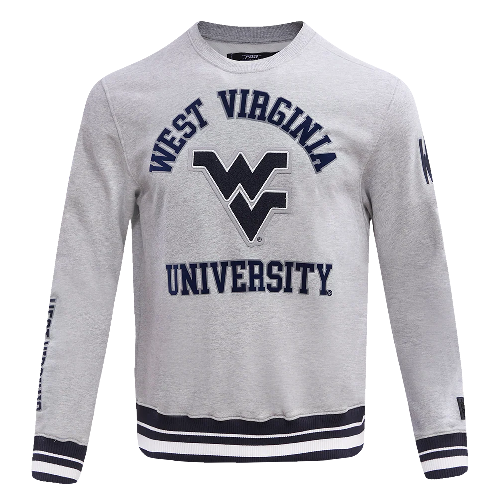 COLLEGE WEST VIRGINIA UNIVERSITY CLASSIC STACKED LOGO FLEECE CREWNECK (HEATHER GREY/MIDNIGHT NAVY)