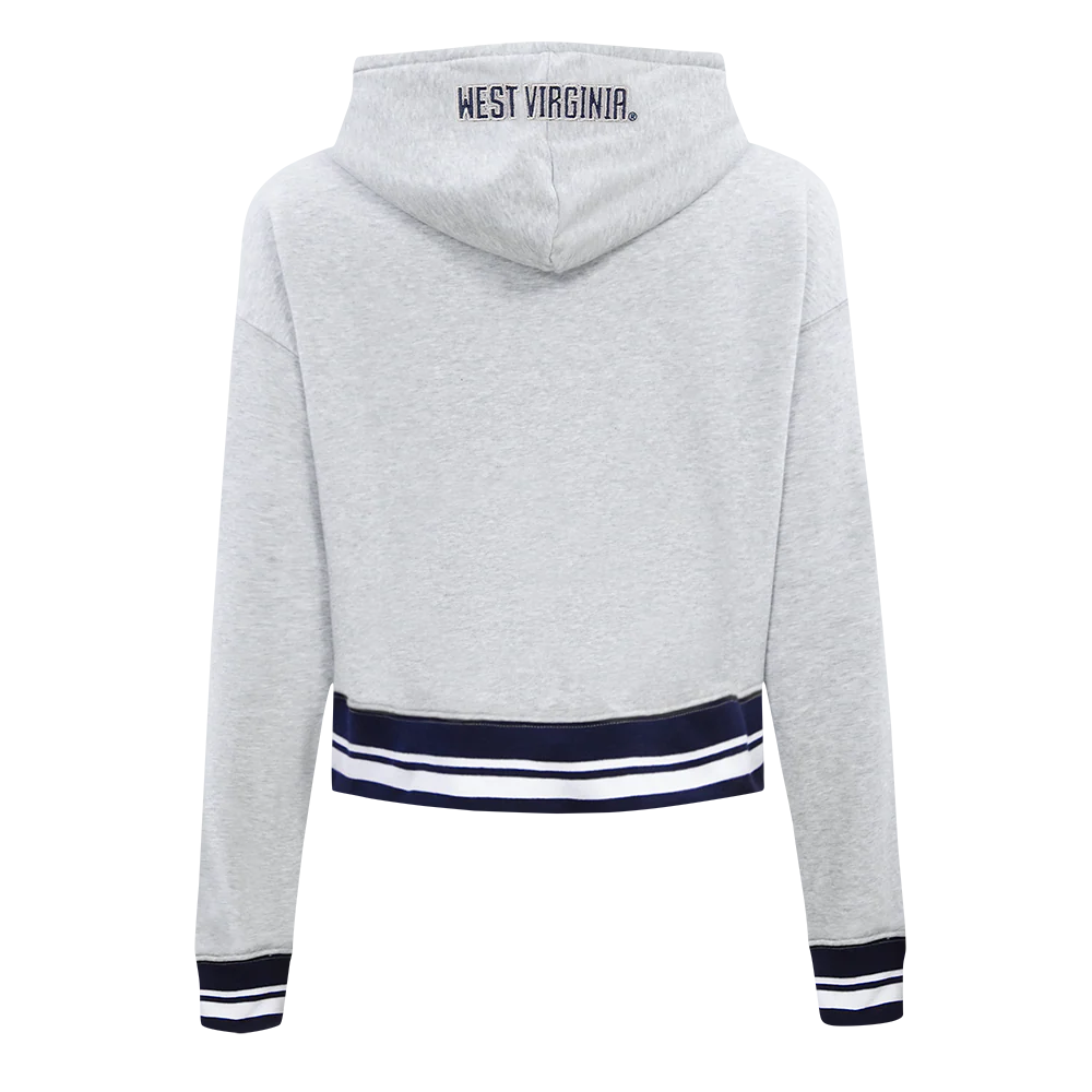 WEST VIRGINIA UNIVERSITY CLASSIC RIB FLEECE CROPPED PULLOVER HOODIE (HEATHER GREY/MIDNIGHT NAVY) - Image 3