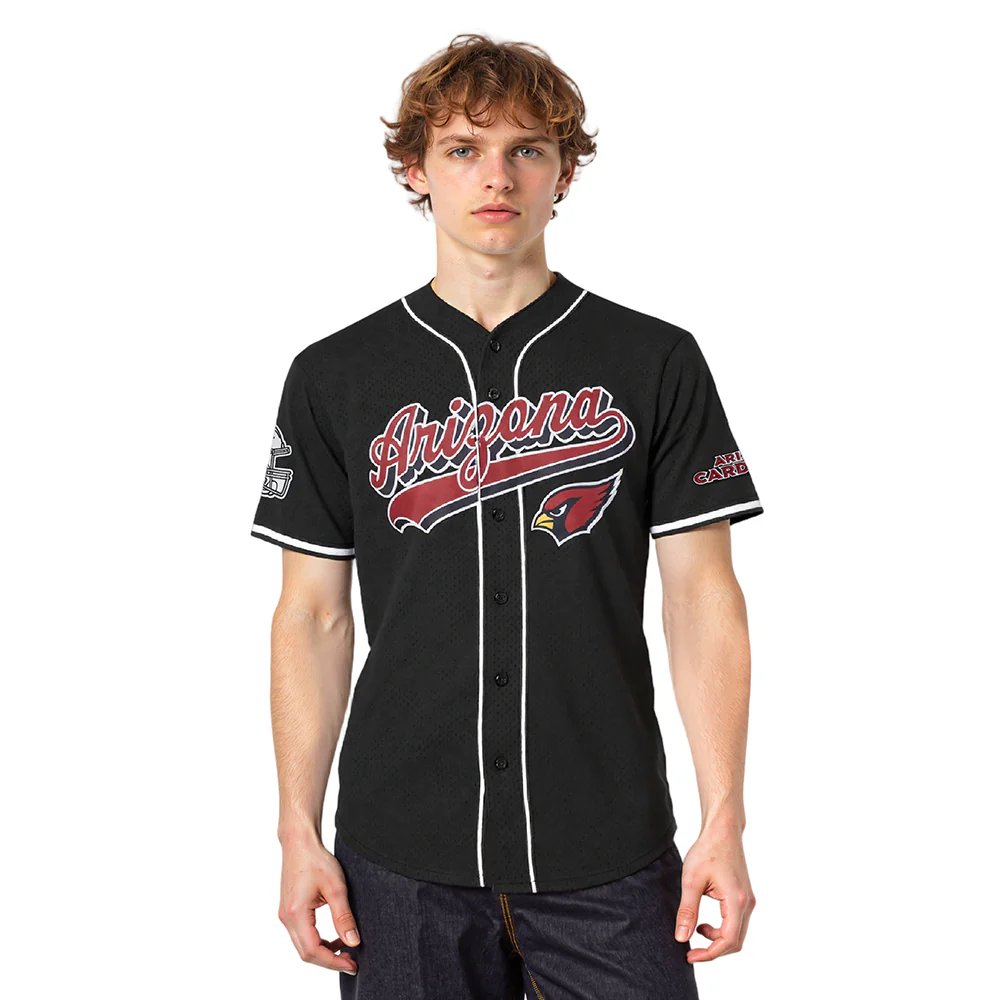NFL ARIZONA CARDINALS SCRIPT TAIL MEN'S MESH BUTTON DOWN SHIRT (BLACK)
