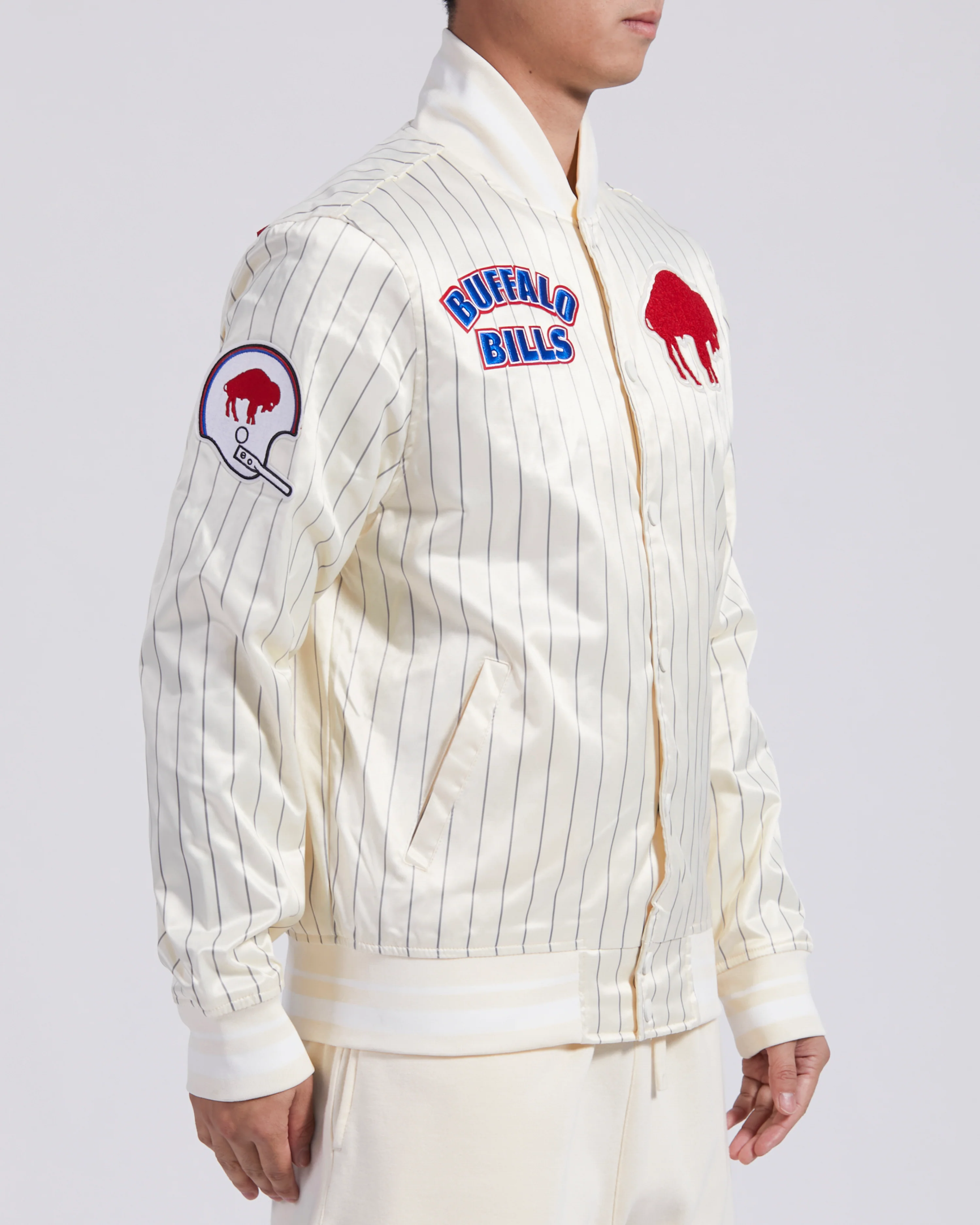 NFL BUFFALO BILLS PINSTRIPE RETRO CLASSIC MEN'S RIB SATIN JACKET (EGGSHELL/ GREY) - Image 3