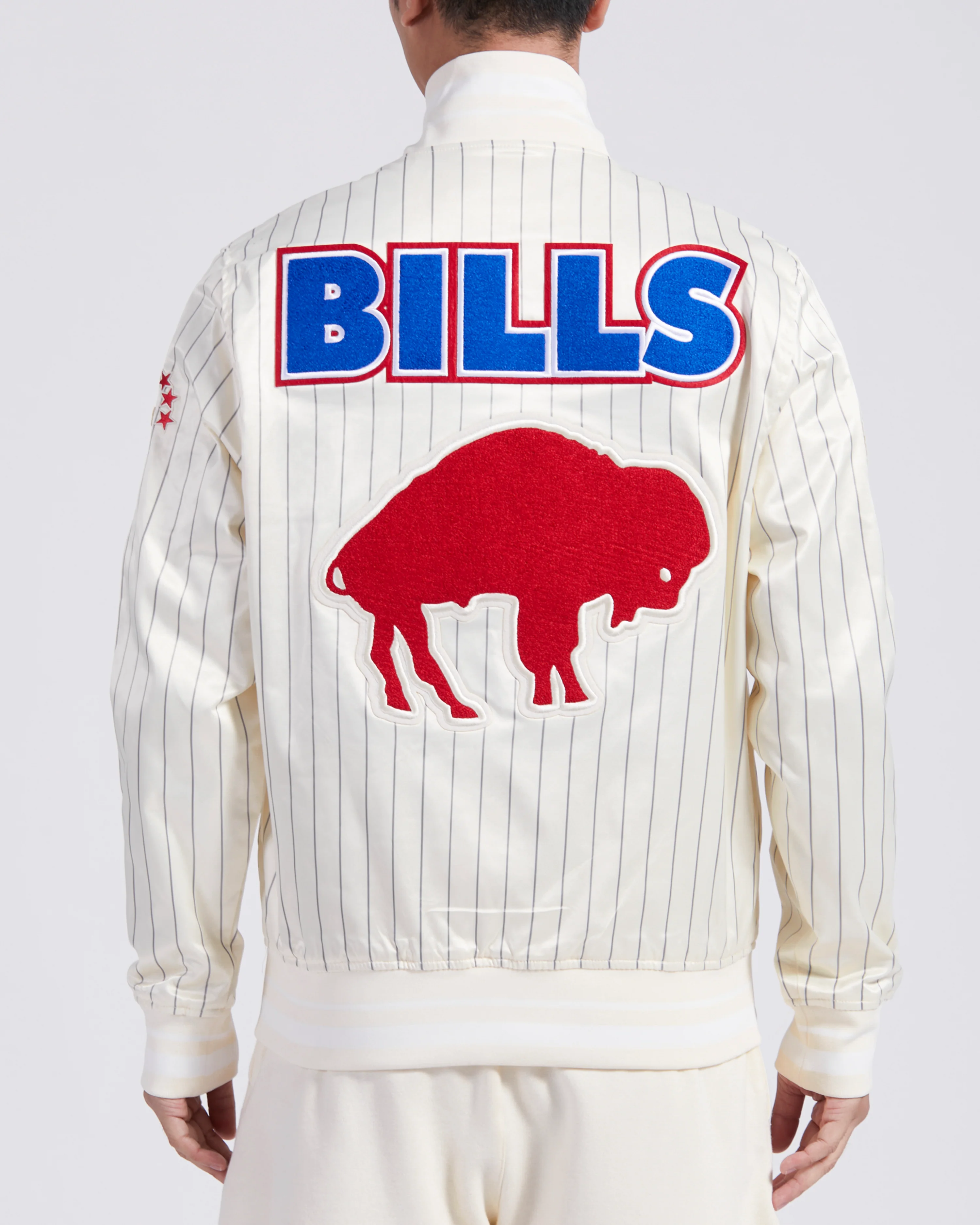 NFL BUFFALO BILLS PINSTRIPE RETRO CLASSIC MEN'S RIB SATIN JACKET (EGGSHELL/ GREY) - Image 4