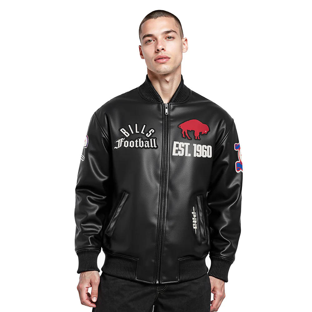 NFL BUFFALO BILLS MODERN ORIGINALS MEN'S LEATHER VARSITY JACKET (JET BLACK)