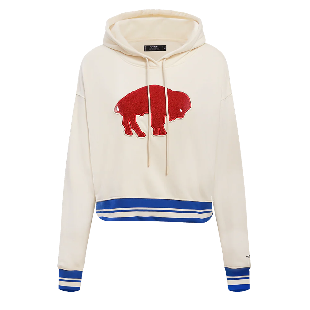 NFL BUFFALO BILLS RETRO CLASSIC WOMEN'S CROPPED PULLOVER HOODIE (EGGSHELL/ROYAL BLUE)