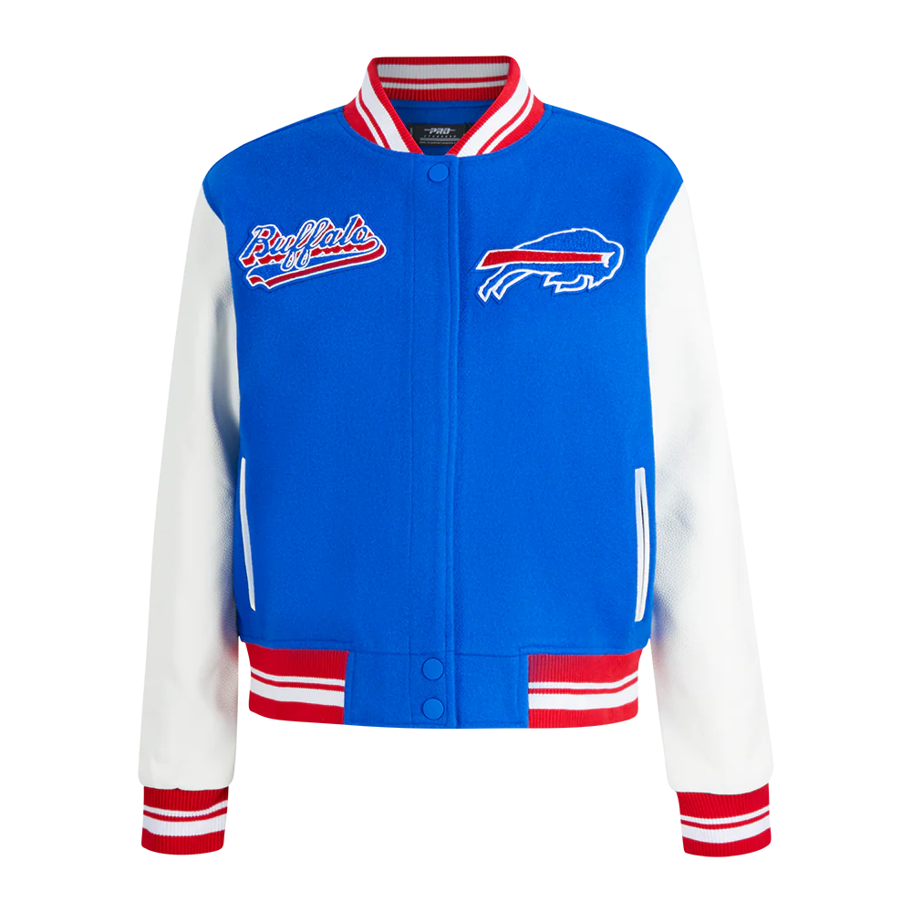 NFL BUFFALO BILLS SCRIPT TAIL WOMEN'S RIB WOOL VARSITY JACKET (ROYAL BLUE/RED)