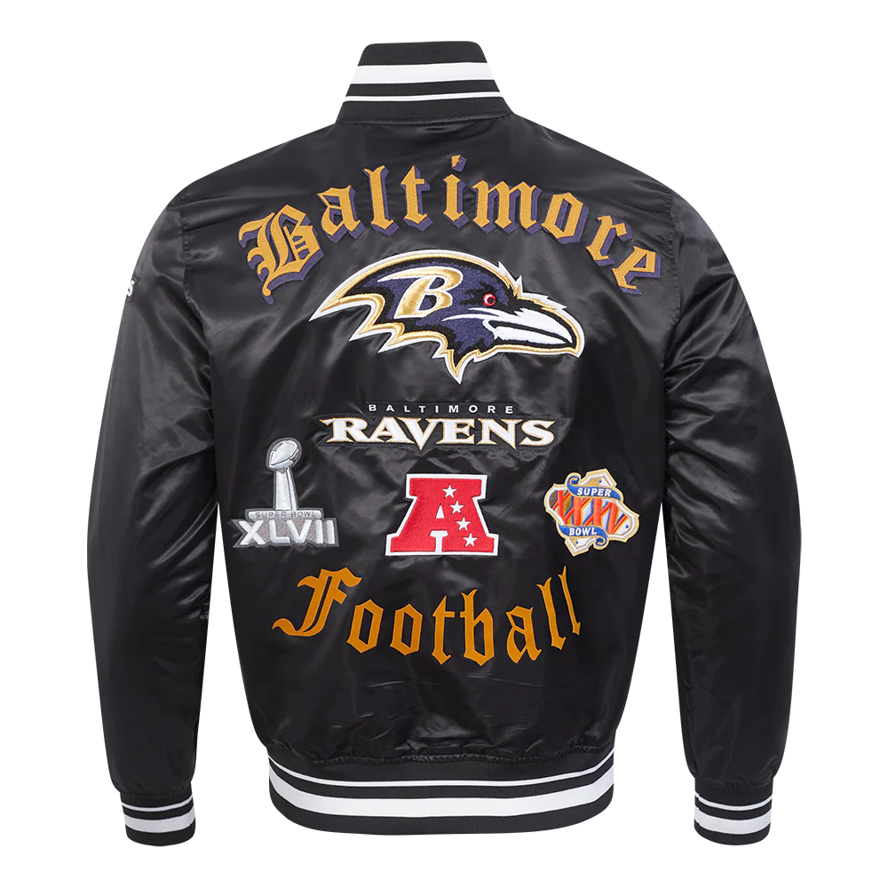 NFL BALTIMORE RAVENS OLD ENGLISH MEN'S RIB SATIN JACKET (BLACK) - Image 3